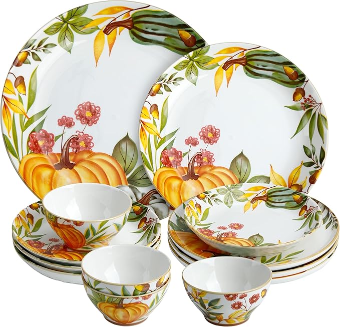 12-Piece Porcelain Dinnerware Set, Service for 4, Pumpkin Pattern Plates & Bowls, Microwave and Dishwasher Safe Dinnerware Set