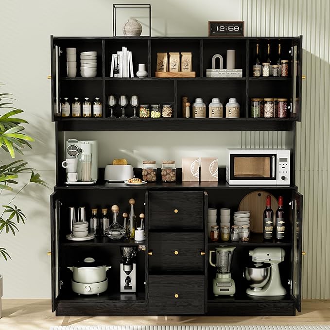 VOWNER Large Kitchen Hutch Cabinet, Kitchen Pantry Storage Cabinet with 6 Glass Doors, 3 Drawers & Microwave Shelf, Freestanding Cupboard for Open Storage (Black)