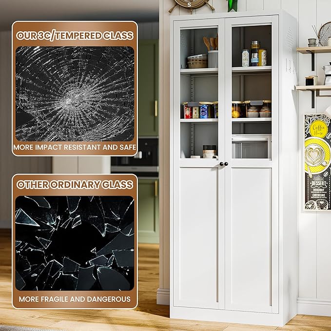 Metal Pantry Cabinet with Doors and 5 Adjustable Shelves, 72" Tall Kitchen Cupboard Storage Cabinets for Kitchen Dining Room Living Room Bathroom,Assembly Required (White)