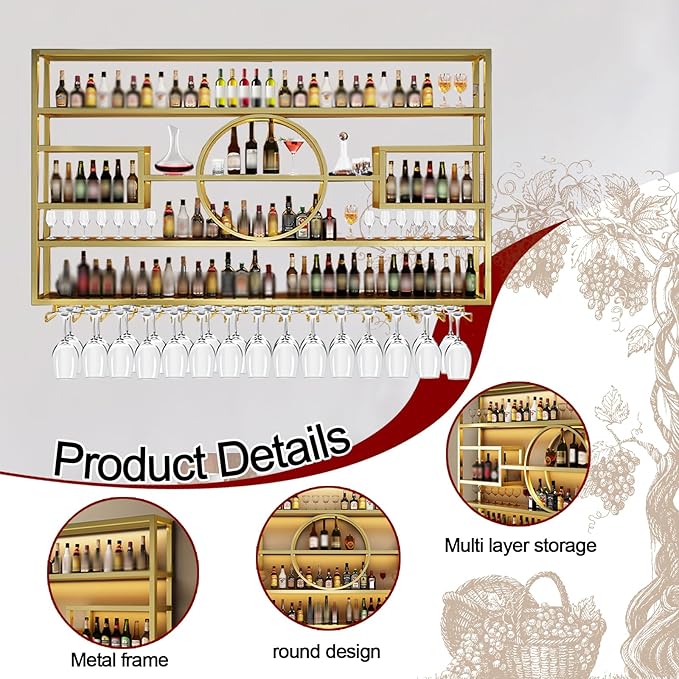 55in Wine Rack Wall Mounted, Large Capacity Hanging Wine Bottles Display Shelf with Glasses Holder, 4 Tier Industrial Bar Liquor Storage Shelves for Home Bar Kitchen,Living Room (Black, 140cm)
