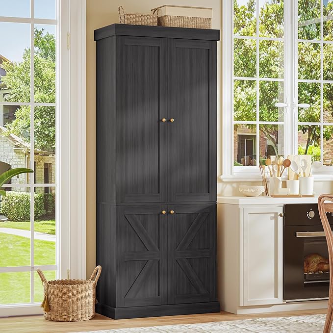 70.8" Tall Farmhouse Bookshelf, Modular Bookcase with Glass Doors, 6-Tier Adjustable Shelves, Large Storage Cabinet for Kitchen, Living Room, Black, Set of 4