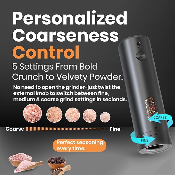 Electric Salt & Pepper Grinder Set 110mL Capacity ??Automatic Battery Operated Shakers, 5-Level Adjustable Coarseness, 1 Touch Operation, Type C Charging