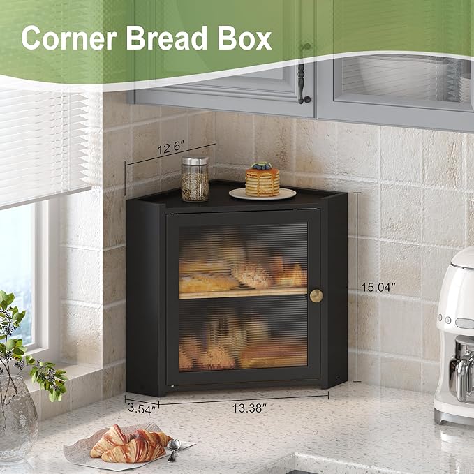 Corner Bread Box for Kitchen Countertop, Large Bread Container Storage Vintage Wooden Farmhouse Bread Box with Window for Homemade Bread Holder (Black)