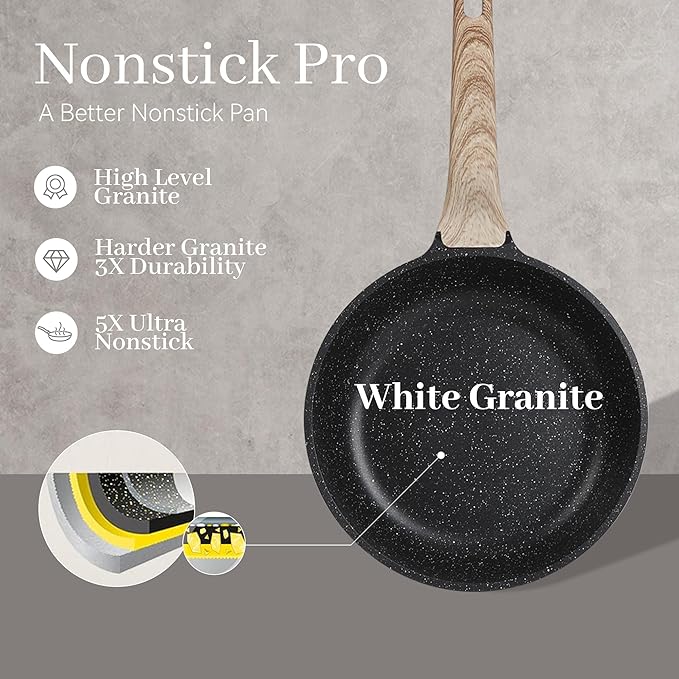 23-Piece Nonstick Pots and Pans Set ??Granite Cookware Set, PFOA-Free ??Includes Frying Pans, Saucepans, Griddle, Egg Pan ??Induction, Gas, Electric Compatible ??Black