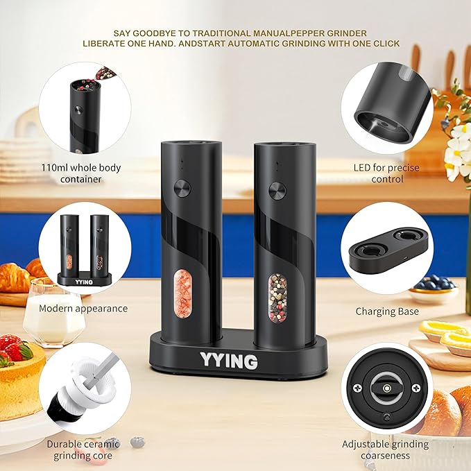 Electric Salt and Pepper Grinder Set, Automatic Pepper Mill Grinder with Charging Base & LED Light, Adjustable Coarseness, Large Capacity, One-handed Operation, for Kitchen, Restaurant, Outdoor