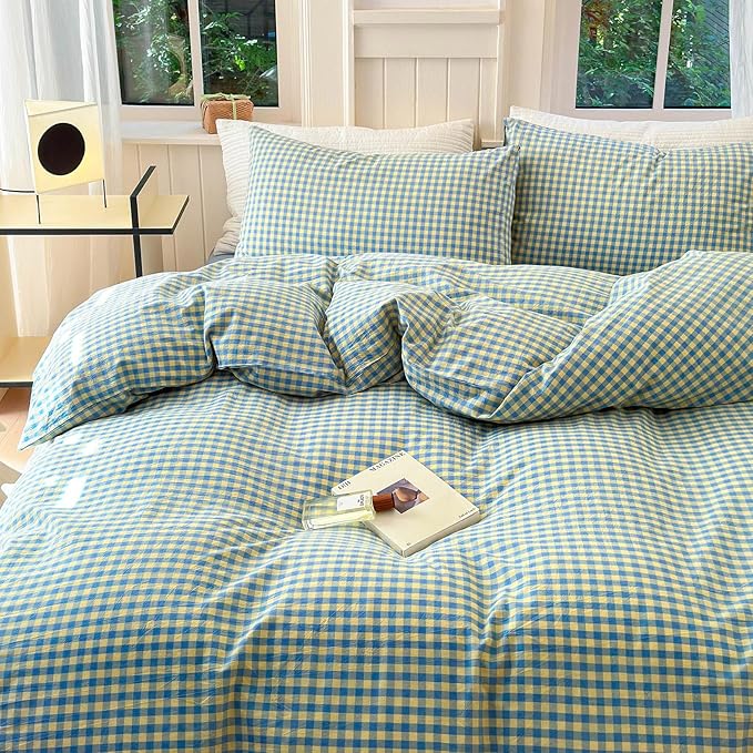 LifeTB Twin XL Comforter Set Blue Yellow Gingham Comforter for Men Boys Modern Plaid Grid Pattern Comforter Set Soft Lightweight Bedding Set Fluffy Boho Plaid Checkered Comforter with 2 Pillowcases