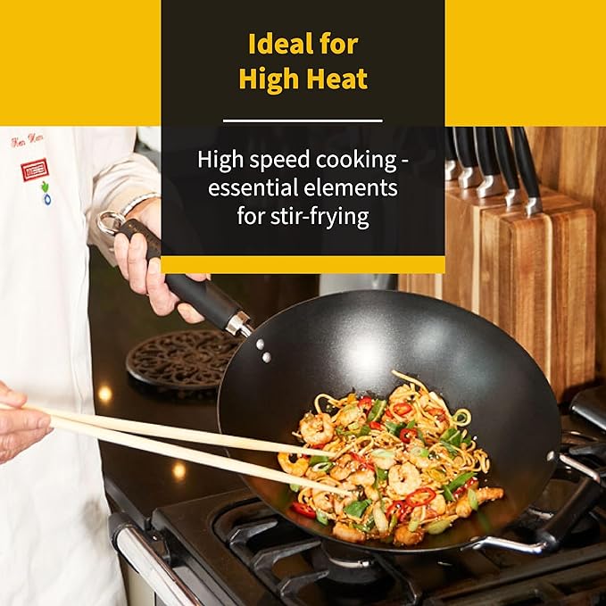 Ken Hom 12" Carbon Steel Nonstick Stir Fry Wok - Soft Touch Helper Handle and Lightweight Flat Bottom Design