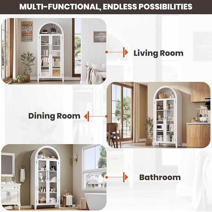 GarveeHome Arched Kitchen Pantry Storage Cabinet - Farmhouse 5 Tier Display Shelf with Adjustable Shelf and 2 Large Glass Doors, Versatile Cupboard for Kitchen, Dining Room, Living Room, White