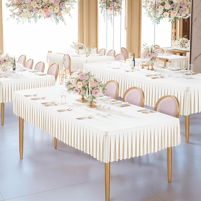 Wish Care 2 Pack Ivory Spandex Table Clothes for 6 Foot Rectangle Tables Wrinkle Free Stretch Fitted Tablecloths 6ft Pleated Ruffle Elastic Table Cover Skirt for Wedding Birthday Banquet Home Party