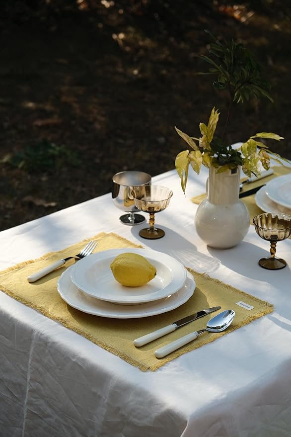Noalumea 100% Linen Placemats Set of 4 ??Thick Mustard Yellow Table Mats with Hand-Frayed Edges, Machine Washable, Elegant Dining Table Decor for Everyday Meals & Holiday Gatherings, 14 x 19 Inch