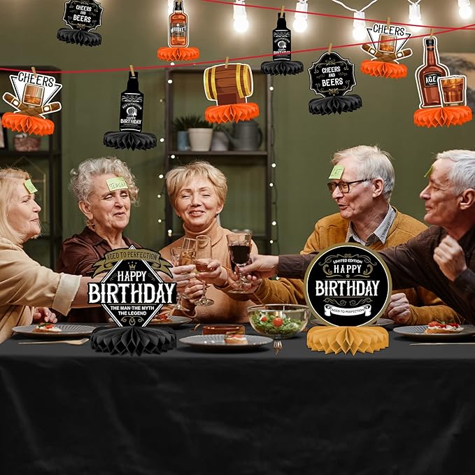 Whiskey pattern Birthday Party Decorations for MenTable Centerpiece Whiskey Honeycomb Table Toppers for 30th 40th 50th 60th 70th 80th Birthday decorations