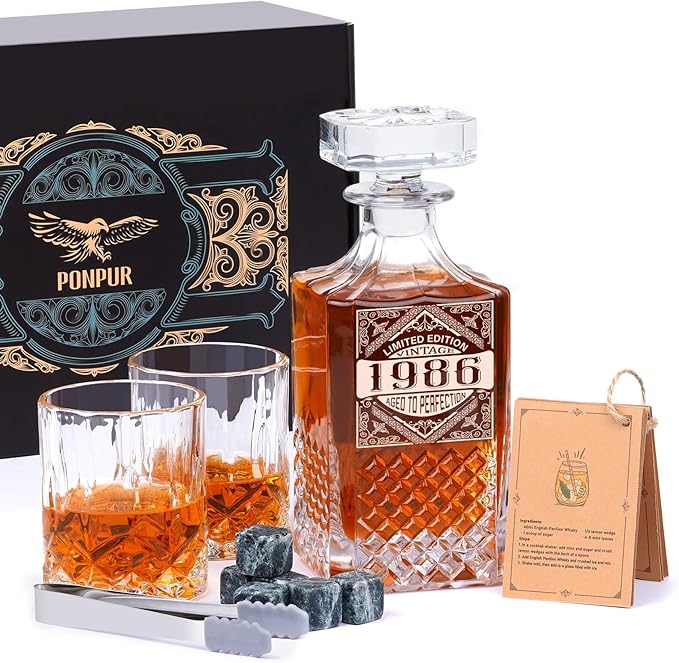PONPUR 40th Birthday Gifts For Men Dad, 1986 Laser Whiskey Decanter Set with Gift Box, Anniversary Birthday Gift Ideas for Him Husband, 40 Years Bday Decorations, Whiskey Glasses & Whisky Stones Inc