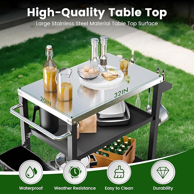 NUUK 3-Shelf Grill Cart for Outdoor with Stainless Steel Top ??20" x 32" Movable Pizza Oven Stand with Wheels Kitchen Prep Table BBQ Cart Worktable