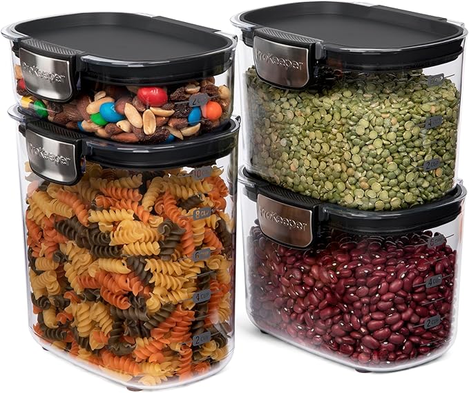 ProKeeper+ Airtight Food Storage Container Set ??Clear Plastic Flour and Sugar Canister Set with Magnetic Accessories for Kitchen Organization (Black, 13-Piece)