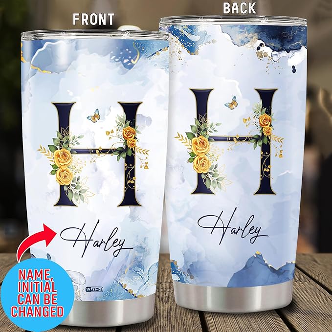 WAZONE Personalized Monogram Tumbler With Lid Custom Initial Name 20oz 30oz Double Wall Vacuum Insulated Cup Stainless Steel Travel Mug Gifts For Her Women Men Mothers Day Birthday Christmas