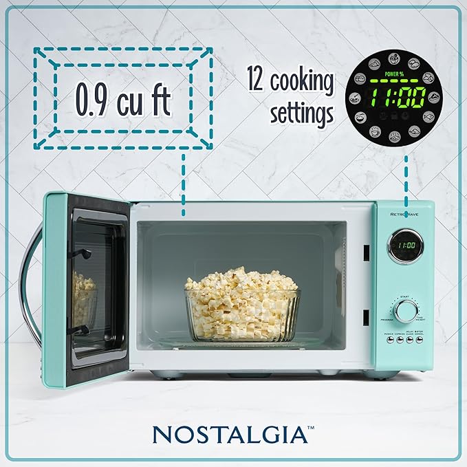 Nostalgia Retro Countertop Microwave Oven, 0.9 Cu. Ft. 800-Watts with LED Digital Display, Child Lock, Easy Clean Interior, Cu.Ft, Aqua