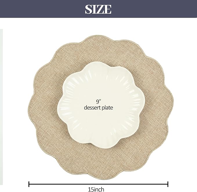 AHHFSMEI Round Faux Linen Placemats Set of 6 Waterproof Table Mats Heat Resistant Non-Slip and Stain Proof for Kitchen Dining Elegant Decor (Linen Beige,6)