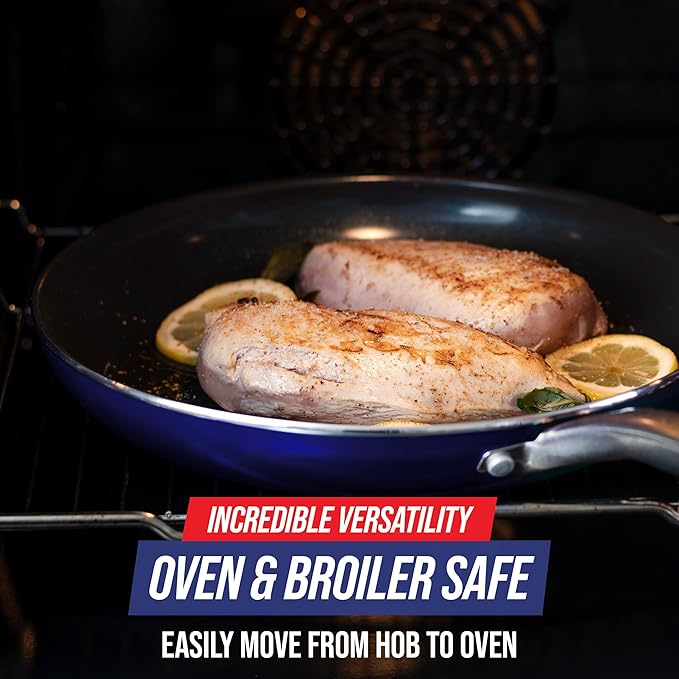 Blue Diamond Frying Pan 8??Skillet, Diamond Infused Healthy Ceramic Nonstick, PFAS and PFOA-Free, Dishwasher and Oven Safe, Even Heating, Metal Utensil Safe, Warp Control Base, Blue (Pack of 4)