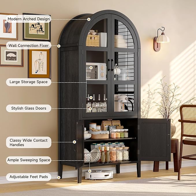 ONBRILL 71" Tall Arched Cabinet, 5-Tier Arched Kitchen Pantry with Glass Doors & Shelves, Modern Display Arch Cabinet with Adjustable Feet, Wooden Pantry for Living Room, Dining Room (Black)