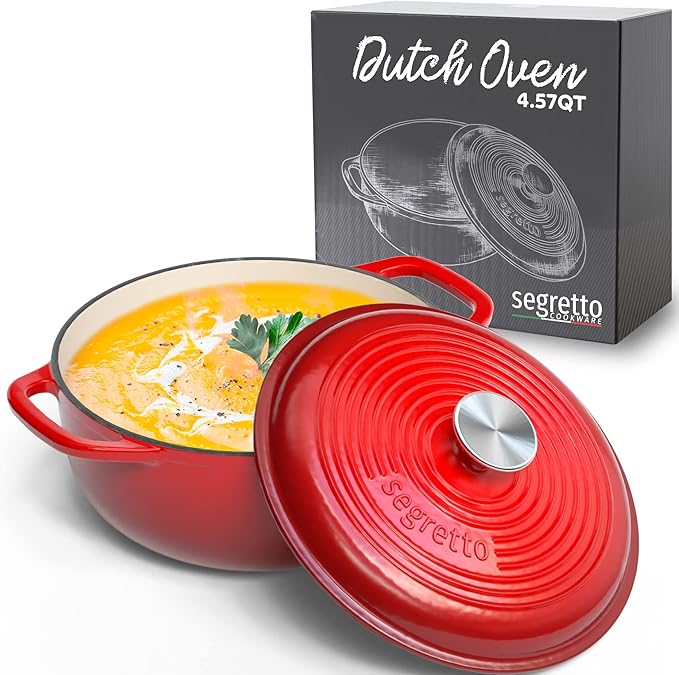 Segretto Cookware Enameled Cast Iron Dutch Oven with Handle, 4.57 Quarts, Rosso (Red) 4.57 qt Oven Safe Pot With Lid Ceramic Enamel Cast Iron Pot Cookware for Bread Baking, Soups