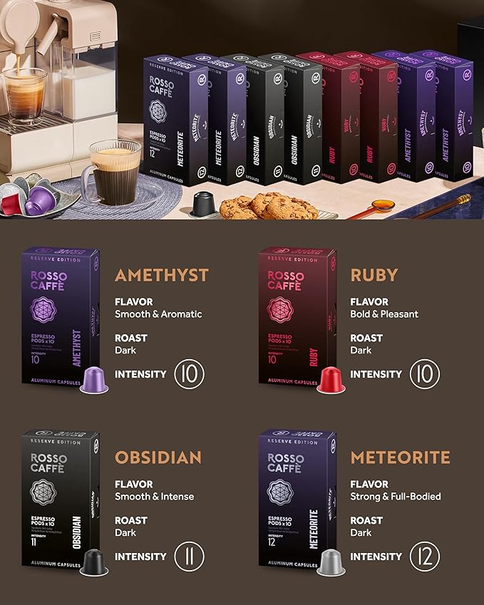 ROSSO CAFF횊 Espresso Coffee Pods for Nespresso Original Machines - 80 Capsules Dark Roast Intense Pack, 4 Strong and Robust Flavors - Made in Italy