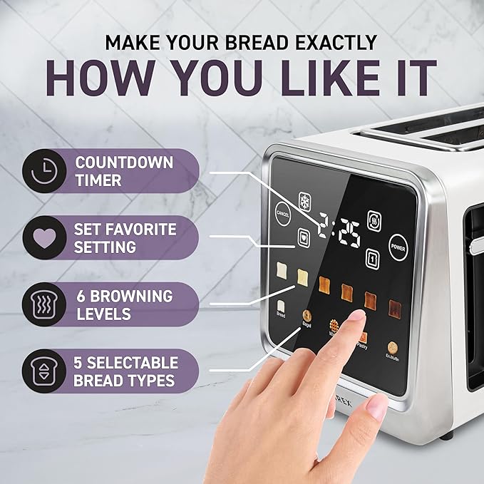 Inspirex Touch Screen Toaster - 2 Extra Wide Slots - 5 Bread Types and 6 Browning Levels - Defrost, Reheat, Favorite, & Single Slot Modes - For Toast, Bagels, & Waffles ??White