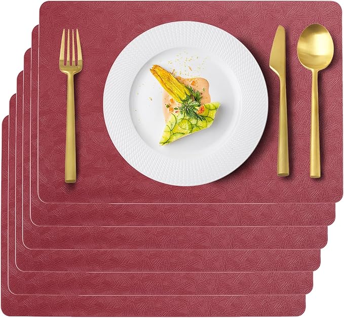 Uolr Vinyl Placemats Set of 6 Faux Leather 100% Waterproof Wipeable Washable Place Mats Heat Resistant Easy Clean Non-Slip Table Mats for Indoor Outdoor. (6,Red)
