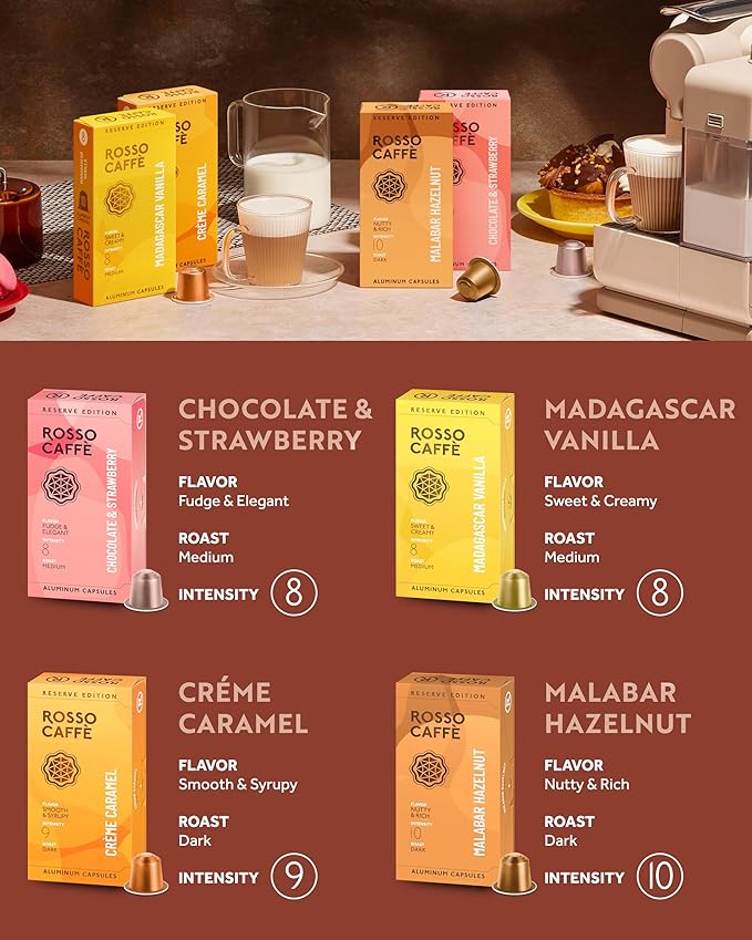 ROSSO CAFF횊 Espresso Coffee Pods for Nespresso Original Machines - 80 Capsules Flavored Pack, 4 Rich and Balanced Flavors (Chocolate, Vanilla, Cr챔me Caramel, Hazelnut) - Made in Italy