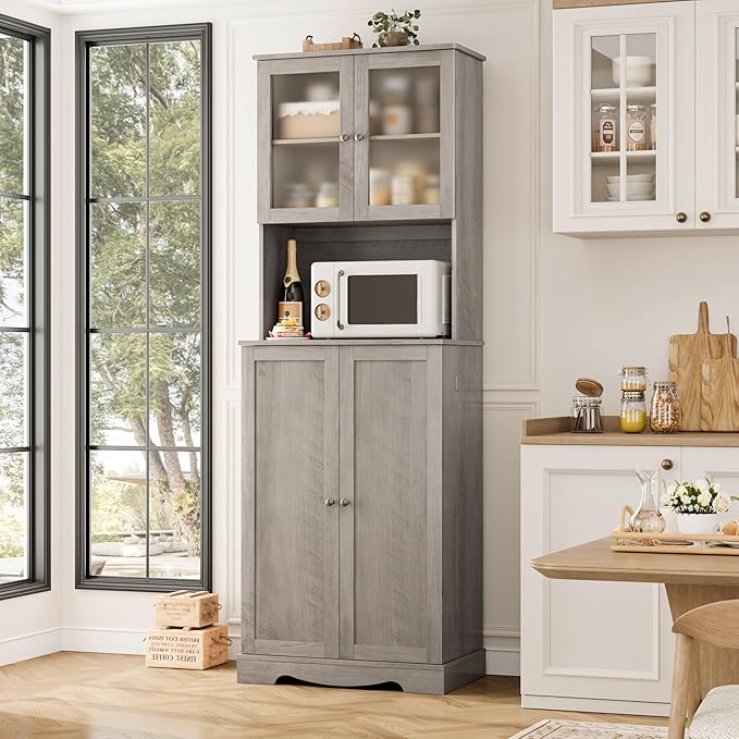 HOSTACK 71'' Pantry Cabinet, Tall Storage Cabinet with Microwave Stand, Freestanding Kitchen Hutch with Doors and Adjustable Shelves, Mordern Food Pantry for Kitchen, Dining Room, Ash Grey