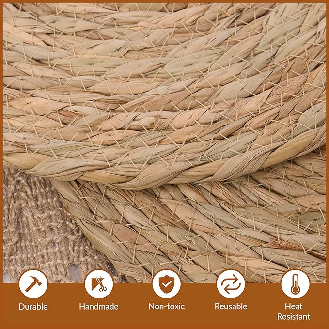 Defined Deco Woven Placemats Set of 10,16"x12"Braided Oval Rattan Table Mats,Farmhouse & Boho Vintage Style for Christmas Dining, Kitchen, and Party Decor