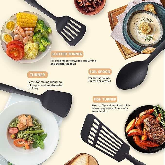 TJ POP Kitchen Utensils Set, 7PCS Cooking Utensils Set 410F째 Heat Resistant & Non-stick Food Nylon Kitchen Gadgets Accessories For Cookware, BPA Free Kitchen Tools Gift (Black)