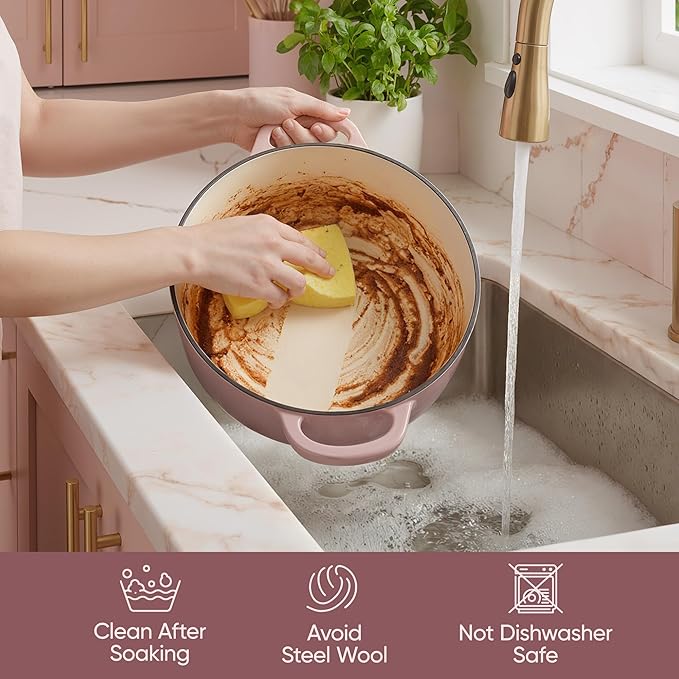 Vintage Style 6 Quart Dutch Oven Pot with Lid, Non Stick Enameled Cast Iron Dutch Oven for Bread Baking, Heavy-Duty, Oven Safe Ceramic Cookware Up to 500째F for Baking, Braising, Stews, Roasting, Pink