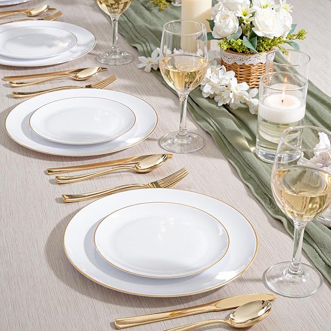 KIRE 100PCS Disposable Plates - White with Gold Rim for Christmas Party/Wedding - Includes 50Pieces 10.25inch Dinner and 50Pieces 7.5inch Dessert/Salad Plates