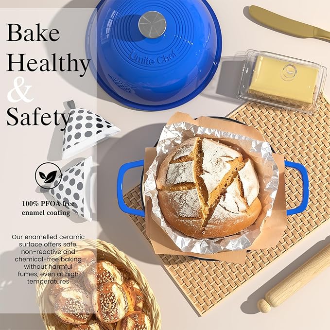 Enamelled Cast Iron Dutch Oven Pot ??Dutch Oven Pot with Lid For Sourdough Bread Baking ??Cast Iron Bread Oven ??Dark Blue, Umite Chef 6QT Pot with Lid & Cotton Potholders