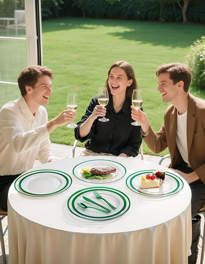 WDF 12 Inch Green Charger Plates - Charger Plates Bulk - 25Pack Plastic Clear and Green Charge Plate Perfect for Dinner/Wedding/Party/St. Patrick's Day