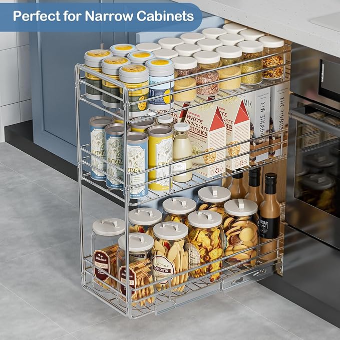ROOMTEC Pull Out Spice Rack for Narrow Cabinet (5쩍" W X 20쩍" D),3 Tier Slide Out Cabinet Organizer and Pull Out Shelves Under Cabinet Storage for Kitchen, Chrome
