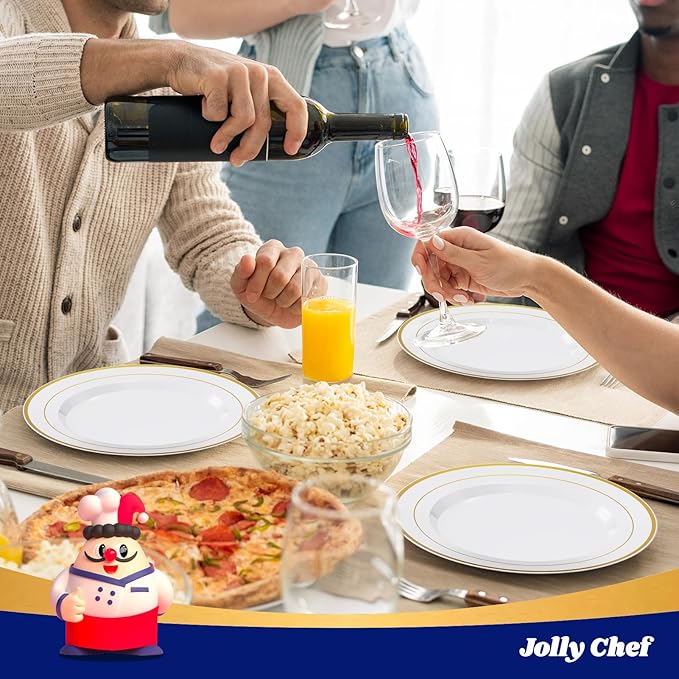 JOLLY CHEF 200 Pieces Gold Plastic Plates, 10 Inch Elegan Disposable Plates White Plate with Gold Rim,Plastic Plates for Christmas?갃irthdays and Weddings