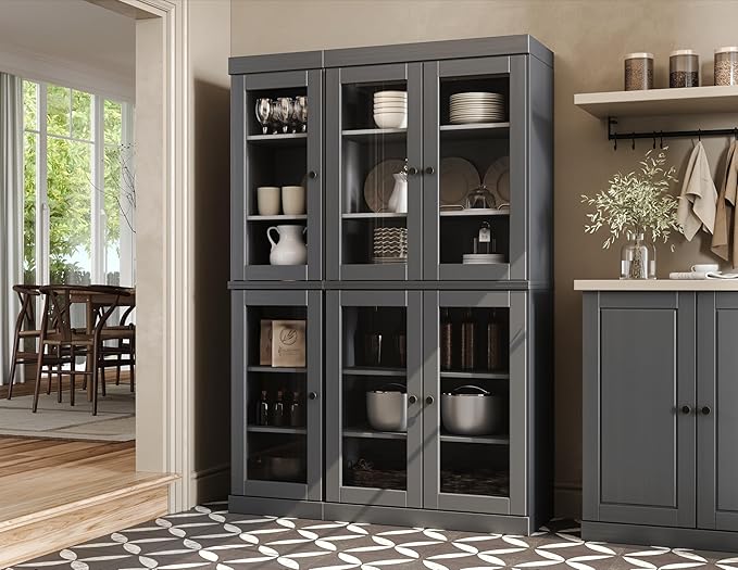 Palace Imports 100% Solid Wood 48.5" Pantry China Cabinet with Clear Glass Doors and Adjustable Shelves (Gray)