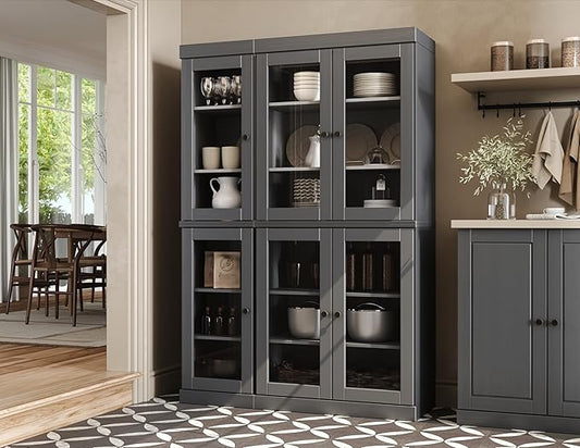 Palace Imports 100% Solid Wood 48.5" Pantry China Cabinet with Clear Glass Doors and Adjustable Shelves (Gray)