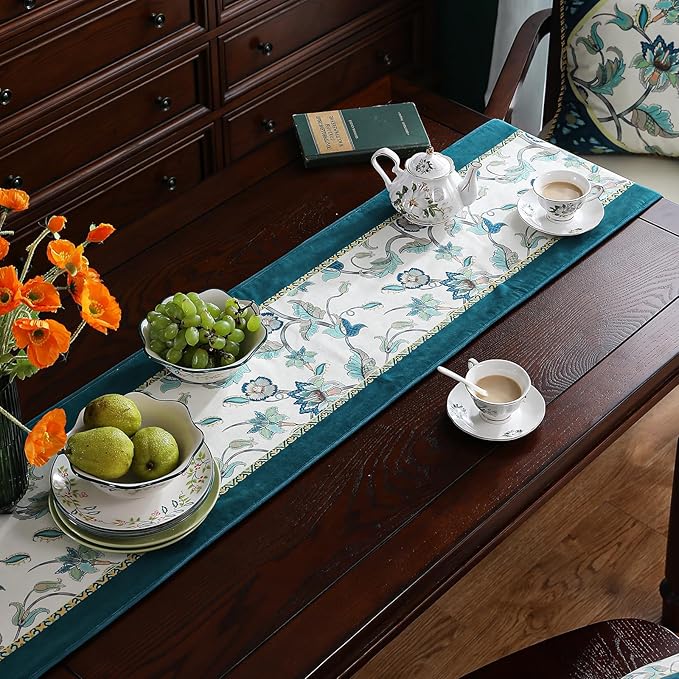 patdrea Designer Elegant French Floral Extra Long Velvet Table Runner, Teal Blossoms Pattern Table Mat, Decoration for Kitchen Dining Coffee Table Shelf Cabinet Banquet Thanksgiving,12"*118"