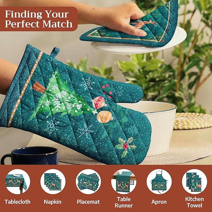 Maison d' Hermine Pot Holders Set 100% Cotton Heat Resistant Potholders 8" x 8" Hot Pads with Loop for Thanksgiving Christmas Decorations BBQ Baking Handling Hot Pans (Pack of 2, Hygge Christmas)