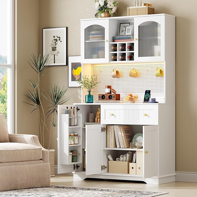 ONBRILL 71" Pantry Storage Cabinet with Microwave Shelf & Door Shelves, Kitchen Wood Pantry with Outlet & LED Light, Kitchen Hutch with DIY Pegboard & 6 Hook, Modern Cabinet with Drawer & Wine Rack