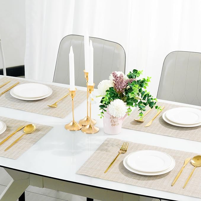 flohar Placemats Set of 6竊똍on-Slip PVC Weave Table Mats Easy to Clean竊똇eat Resistant Place Mats for Kitchen Dining Table Decoration Indoor Outdoor竊똁eige White