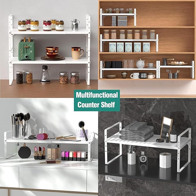 Expandable Cabinet Shelf Organizer Rack, Stackable Kitchen Counter Storage Shelves Stand, Adjustable Height Pantry Shelf Spice Rack, Heavy Duty Nonslip White Small 3Pack