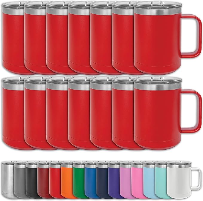 Clear Water Home Goods - (Bulk Pack of 12-15 oz Double Wall Coffee Mug with Lid and Handle, Double Insulated Stainless Steel Travel Tumbler Cup - Powder Coated - Red