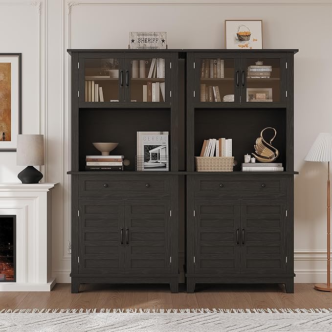 Elegant Black Modern Wood Pantry Coffee Cabinet with Ample Storage, Spacious 72" Tall Kitchen Bar Cabinet Hutch Featuring 4 Stylish Glass Doors & 1 Smooth Drawer, Versatile Stand-Alone Food Pantry