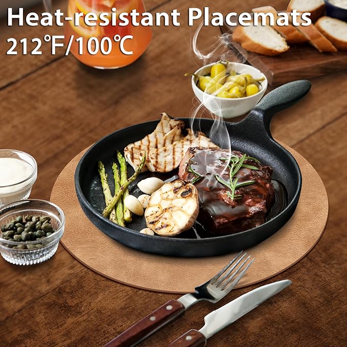 ADRIMER Placemats, Heat Resistant Round Placemats Set of 6 Washable, Waterproof Table Mats, Wipeable Faux Leather Place Mats for Kitchen, Dining Room, Camel