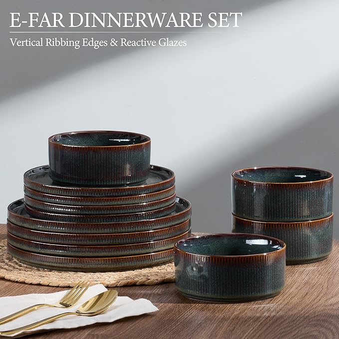 E-far Stoneware Dinnerware Sets, 18-Pieces Modern Plates and Bowls Sets, Kitchen Dinning Porcelain Dishes Set for 6, Chip & Scratch Resistant, Dishwasher & Microwave Safe, Blackish Green
