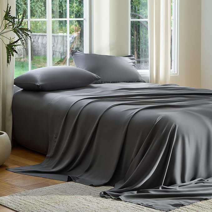 DOZ Sheet Set, 100% Viscose derived from Bamboo, Organically Grown, Buttery Soft, Cooling Sheets, High GSM, Deep Pockets - 4 Piece - 2 Pillowcases 1 Fitted 1 Top Sheet (Storm, Queen)