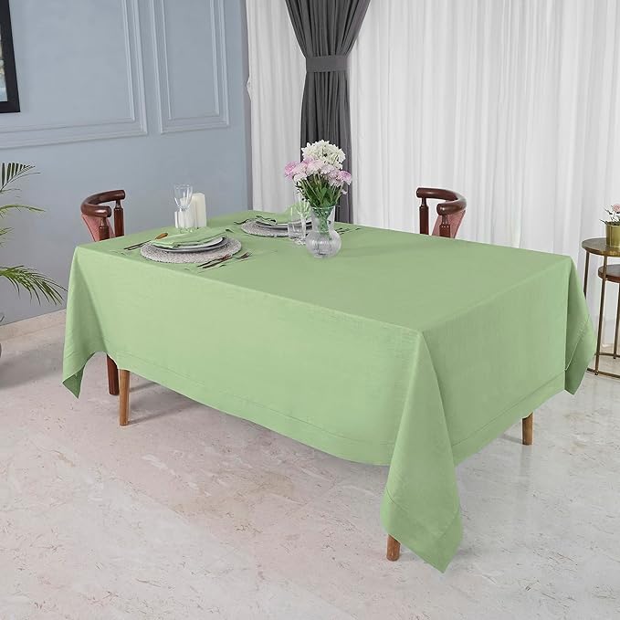 D'Moksha Homes Sage Green Linen Tablecloth for Rectangle Tables 60 x 144 Inch - 100% Pure Linen Green Table Cloth - Classic Hemstitch, Machine Washable Dining Tablecloth for St Patricks Day, Easter